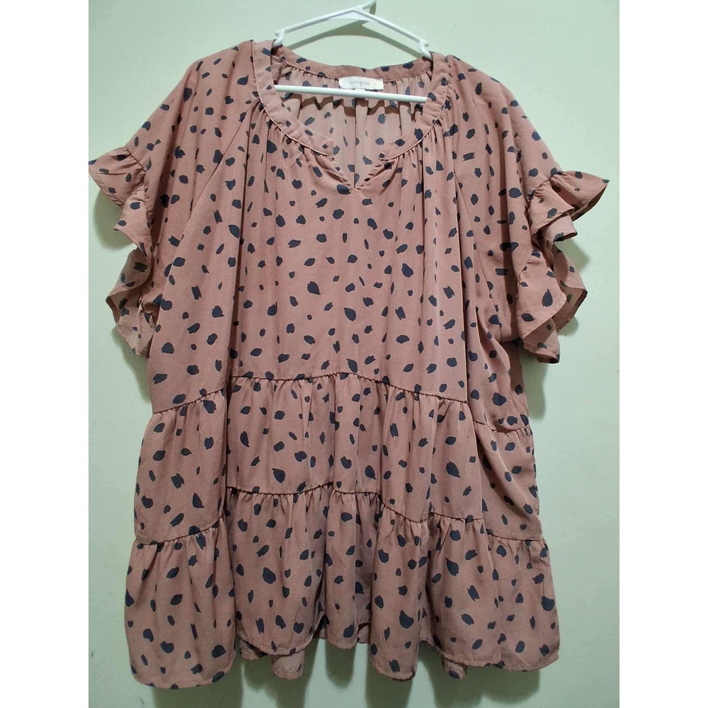 UMGEE USA Pink Black Dalmatian Print Tiered Ruffle Sleeve V-Neck Tunic Top 1XL